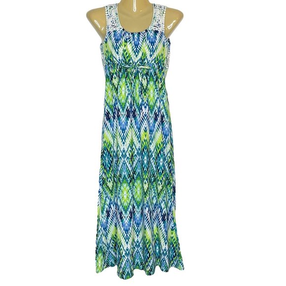 Speechless Maxi Dress Empire Waist Aztec Design Lace Overlay Green Blue White 12 - Picture 1 of 10